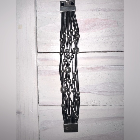 Metallic Leather Beaded Cuff Bracelet Magnetic Closure - Picture 2 of 3